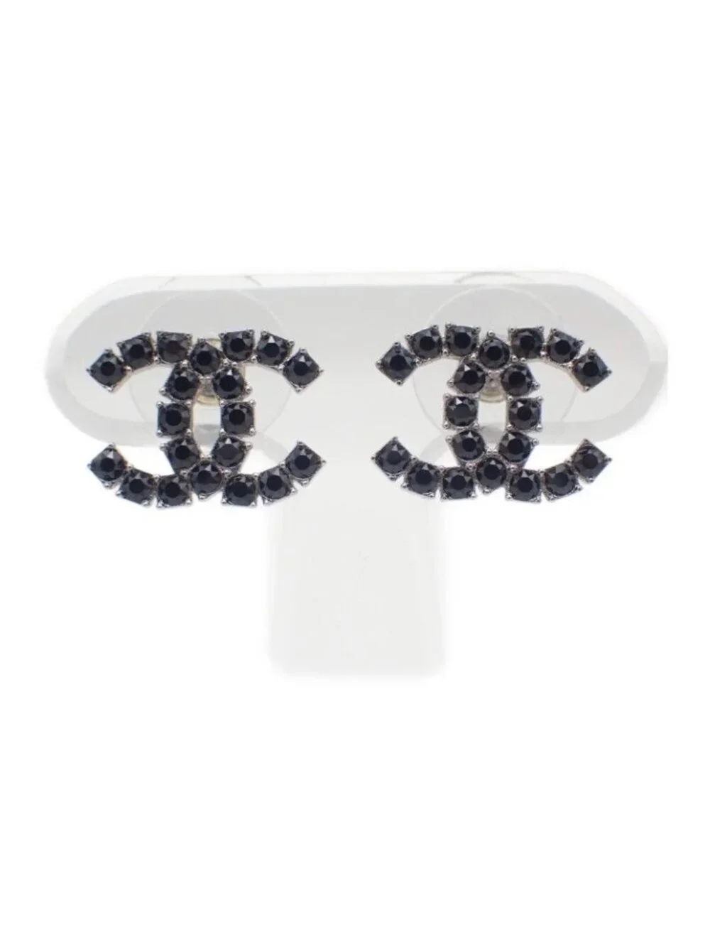 Chanel CC Logo Earrings 18 Metal Crystal Black Coco Silver Simple Rhinestone
